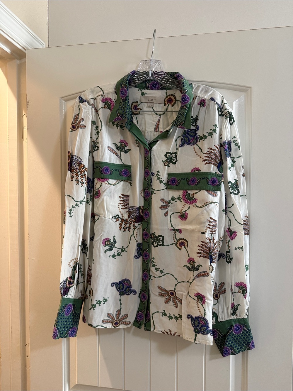 LOFT White Button-Down Shirt with Green Trim and Purple Floral Print